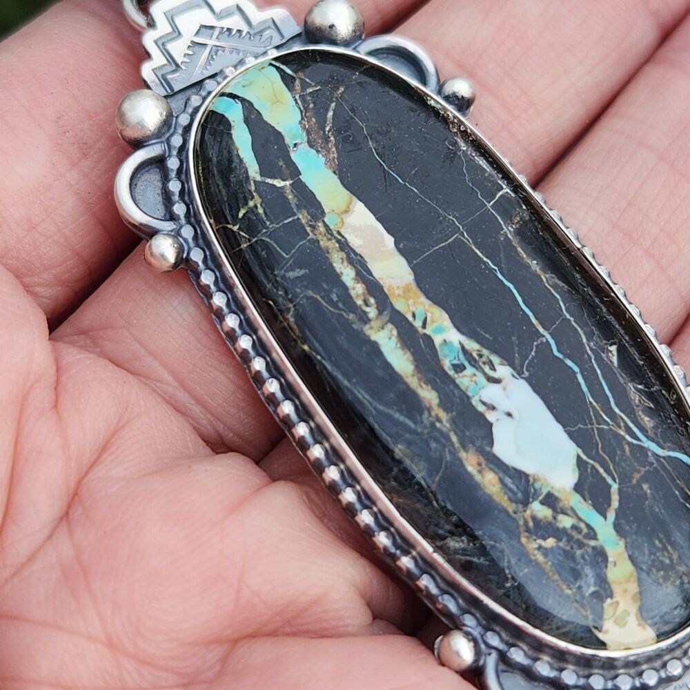 Blackjack Turquoise Navajo Mary Ellen signed handmade USA native pendant - Picture 8 of 9